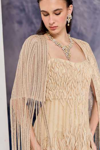 Buy_Geisha Designs_Beige Viscose, Polyester, Nylon Fringe Square Soraya Embroidered Gown With Cape 