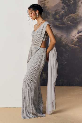 Geisha Designs Silver Viscose, Nylon Sweetheart Ayla Pre-draped Saree With Caged Lattice Blouse Online at Aza Fashions Geisha Designs_Silver Viscose, Nylon Sweetheart Ayla Pre-draped Saree With Caged Lattice Blouse _Online_at_Aza_Fashions