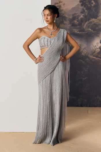 Buy Geisha Designs Silver Viscose, Nylon Sweetheart Ayla Pre-draped Saree With Caged Lattice Blouse Online at Aza Fashions Buy_Geisha Designs_Silver Viscose, Nylon Sweetheart Ayla Pre-draped Saree With Caged Lattice Blouse _Online_at_Aza_Fashions
