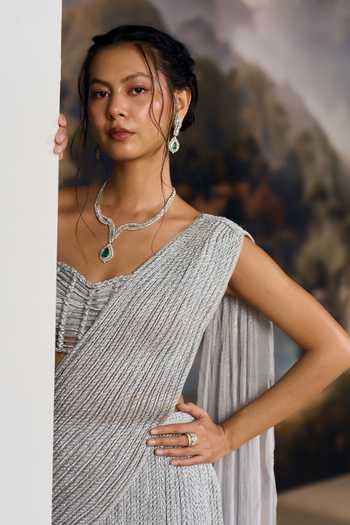 Shop Geisha Designs Silver Viscose, Nylon Sweetheart Ayla Pre-draped Saree With Caged Lattice Blouse Online at Aza Fashions Shop_Geisha Designs_Silver Viscose, Nylon Sweetheart Ayla Pre-draped Saree With Caged Lattice Blouse _Online_at_Aza_Fashions
