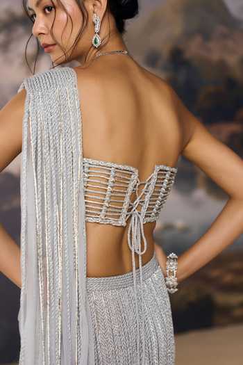 Geisha Designs Silver Viscose, Nylon Sweetheart Ayla Pre-draped Saree With Caged Lattice Blouse at Aza Fashions Geisha Designs_Silver Viscose, Nylon Sweetheart Ayla Pre-draped Saree With Caged Lattice Blouse _at_Aza_Fashions