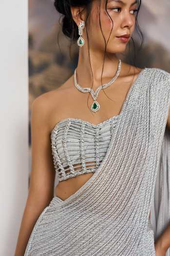 Buy Geisha Designs Silver Viscose, Nylon Sweetheart Ayla Pre-draped Saree With Caged Lattice Blouse Buy_Geisha Designs_Silver Viscose, Nylon Sweetheart Ayla Pre-draped Saree With Caged Lattice Blouse