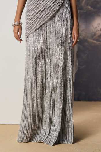 Shop Geisha Designs Silver Viscose, Nylon Sweetheart Ayla Pre-draped Saree With Caged Lattice Blouse Shop_Geisha Designs_Silver Viscose, Nylon Sweetheart Ayla Pre-draped Saree With Caged Lattice Blouse