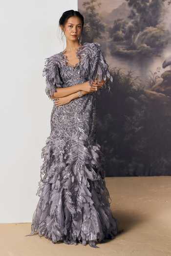 Geisha Designs Grey Viscose, Polyester, Nylon Sequins, Beads, Lunette Feathered Gown With Cape Online at Aza Fashions Geisha Designs_Grey Viscose, Polyester, Nylon Sequins, Beads, Lunette Feathered Gown With Cape _Online_at_Aza_Fashions