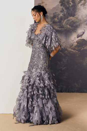 Geisha Designs Lunette Feathered Gown With Cape 