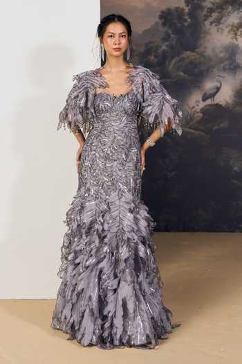 Geisha Designs Lunette Feathered Gown With Cape 