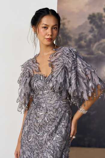 Buy Geisha Designs Grey Viscose, Polyester, Nylon Sequins, Beads, Lunette Feathered Gown With Cape Online at Aza Fashions Buy_Geisha Designs_Grey Viscose, Polyester, Nylon Sequins, Beads, Lunette Feathered Gown With Cape _Online_at_Aza_Fashions