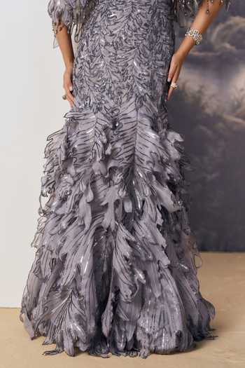 Shop Geisha Designs Grey Viscose, Polyester, Nylon Sequins, Beads, Lunette Feathered Gown With Cape Online at Aza Fashions Shop_Geisha Designs_Grey Viscose, Polyester, Nylon Sequins, Beads, Lunette Feathered Gown With Cape _Online_at_Aza_Fashions