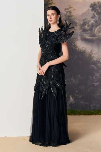 Geisha Designs_Black Viscose, Polyester, Nylon Sequins, Vespera 3d Sculpted Foliage Petal Gown _Online_at_Aza_Fashions