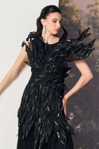 Buy_Geisha Designs_Black Viscose, Polyester, Nylon Sequins, Vespera 3d Sculpted Foliage Petal Gown _Online_at_Aza_Fashions