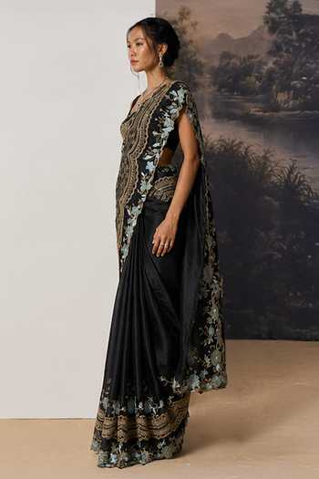 Geisha Designs_Black Polyester, Nylon Square Neck Zaria Embroidered Saree With Blouse _Online_at_Aza_Fashions