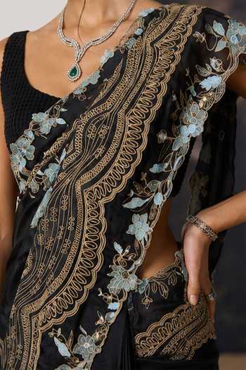 Buy_Geisha Designs_Black Polyester, Nylon Square Neck Zaria Embroidered Saree With Blouse _Online_at_Aza_Fashions
