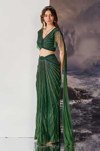 Geisha Designs Emerald Green Viscose, Nylon V-neck, Esme Jewelled Draped Top And Skirt Set Online at Aza Fashions Geisha Designs_Emerald Green Viscose, Nylon V-neck, Esme Jewelled Draped Top And Skirt Set _Online_at_Aza_Fashions