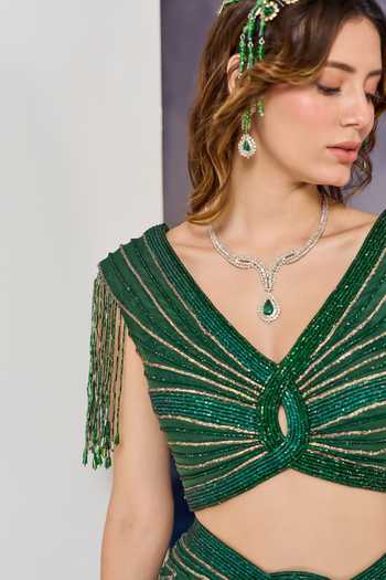 Buy Geisha Designs Emerald Green Viscose, Nylon V-neck, Esme Jewelled Draped Top And Skirt Set Online at Aza Fashions Buy_Geisha Designs_Emerald Green Viscose, Nylon V-neck, Esme Jewelled Draped Top And Skirt Set _Online_at_Aza_Fashions