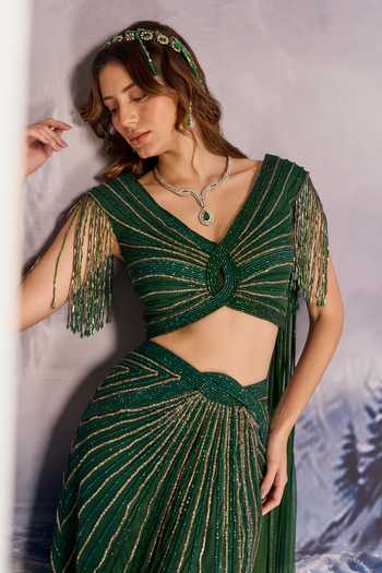Buy Geisha Designs Emerald Green Viscose, Nylon V-neck, Esme Jewelled Draped Top And Skirt Set Buy_Geisha Designs_Emerald Green Viscose, Nylon V-neck, Esme Jewelled Draped Top And Skirt Set