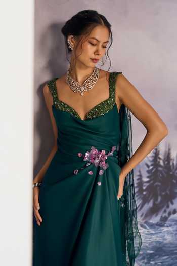 Geisha Designs Green Viscose, Polyester, Nylon Crystals, Rosalind Embellished Draped Saree Gown Online at Aza Fashions Geisha Designs_Green Viscose, Polyester, Nylon Crystals, Rosalind Embellished Draped Saree Gown _Online_at_Aza_Fashions