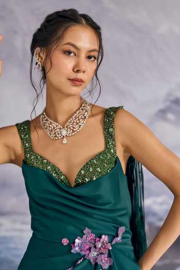 Buy Geisha Designs Green Viscose, Polyester, Nylon Crystals, Rosalind Embellished Draped Saree Gown Online at Aza Fashions Buy_Geisha Designs_Green Viscose, Polyester, Nylon Crystals, Rosalind Embellished Draped Saree Gown _Online_at_Aza_Fashions