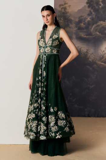 Geisha Designs Emerald Green Viscose, Polyester, Nylon Bryony Floral Lace Jacket And Sharara Set Online at Aza Fashions Geisha Designs_Emerald Green Viscose, Polyester, Nylon Bryony Floral Lace Jacket And Sharara Set _Online_at_Aza_Fashions