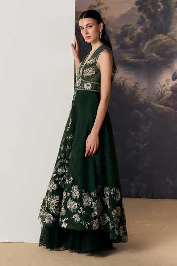 Buy Geisha Designs Emerald Green Viscose, Polyester, Nylon Bryony Floral Lace Jacket And Sharara Set Online at Aza Fashions Buy_Geisha Designs_Emerald Green Viscose, Polyester, Nylon Bryony Floral Lace Jacket And Sharara Set _Online_at_Aza_Fashions
