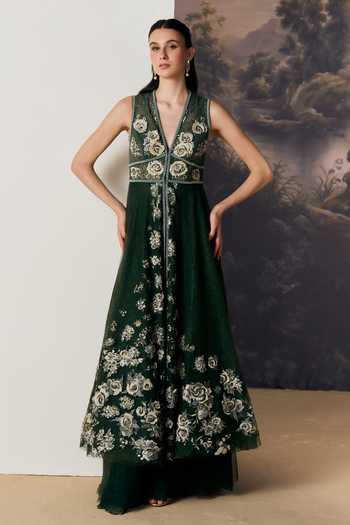 Shop Geisha Designs Emerald Green Viscose, Polyester, Nylon Bryony Floral Lace Jacket And Sharara Set Online at Aza Fashions Shop_Geisha Designs_Emerald Green Viscose, Polyester, Nylon Bryony Floral Lace Jacket And Sharara Set _Online_at_Aza_Fashions