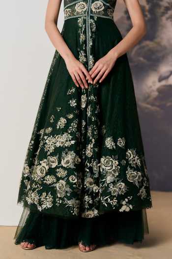 Geisha Designs Emerald Green Viscose, Polyester, Nylon Bryony Floral Lace Jacket And Sharara Set at Aza Fashions Geisha Designs_Emerald Green Viscose, Polyester, Nylon Bryony Floral Lace Jacket And Sharara Set _at_Aza_Fashions