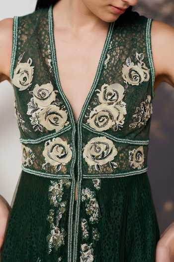 Buy Geisha Designs Emerald Green Viscose, Polyester, Nylon Bryony Floral Lace Jacket And Sharara Set Buy_Geisha Designs_Emerald Green Viscose, Polyester, Nylon Bryony Floral Lace Jacket And Sharara Set