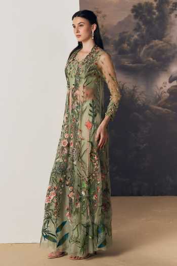 Geisha Designs Green Nylon, Viscose Sweetheart Neck, Meadow Embroidered Jacket And Sharara Set Online at Aza Fashions Geisha Designs_Green Nylon, Viscose Sweetheart Neck, Meadow Embroidered Jacket And Sharara Set _Online_at_Aza_Fashions