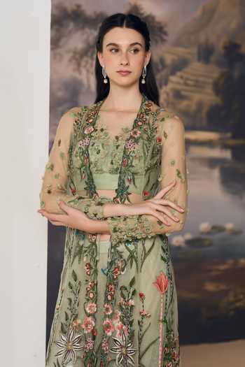 Buy Geisha Designs Green Nylon, Viscose Sweetheart Neck, Meadow Embroidered Jacket And Sharara Set Online at Aza Fashions Buy_Geisha Designs_Green Nylon, Viscose Sweetheart Neck, Meadow Embroidered Jacket And Sharara Set _Online_at_Aza_Fashions
