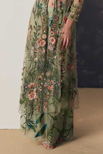 Shop Geisha Designs Green Nylon, Viscose Sweetheart Neck, Meadow Embroidered Jacket And Sharara Set Online at Aza Fashions Shop_Geisha Designs_Green Nylon, Viscose Sweetheart Neck, Meadow Embroidered Jacket And Sharara Set _Online_at_Aza_Fashions