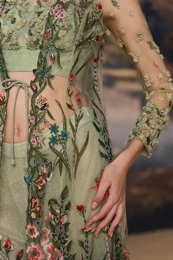 Geisha Designs Green Nylon, Viscose Sweetheart Neck, Meadow Embroidered Jacket And Sharara Set at Aza Fashions Geisha Designs_Green Nylon, Viscose Sweetheart Neck, Meadow Embroidered Jacket And Sharara Set _at_Aza_Fashions