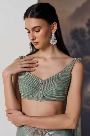 Geisha Designs Green Viscose, Polyester, Nylon V-neck Salacia Mint Draped Blouse And Skirt Set Online at Aza Fashions Geisha Designs_Green Viscose, Polyester, Nylon V-neck Salacia Mint Draped Blouse And Skirt Set _Online_at_Aza_Fashions
