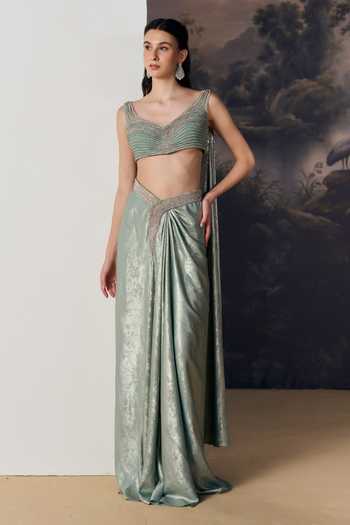 Buy Geisha Designs Green Viscose, Polyester, Nylon V-neck Salacia Mint Draped Blouse And Skirt Set Online at Aza Fashions Buy_Geisha Designs_Green Viscose, Polyester, Nylon V-neck Salacia Mint Draped Blouse And Skirt Set _Online_at_Aza_Fashions