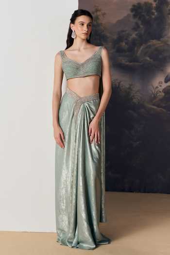 Shop Geisha Designs Green Viscose, Polyester, Nylon V-neck Salacia Mint Draped Blouse And Skirt Set Online at Aza Fashions Shop_Geisha Designs_Green Viscose, Polyester, Nylon V-neck Salacia Mint Draped Blouse And Skirt Set _Online_at_Aza_Fashions