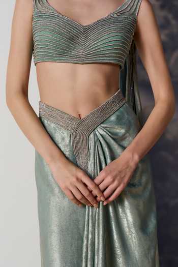 Geisha Designs Green Viscose, Polyester, Nylon V-neck Salacia Mint Draped Blouse And Skirt Set at Aza Fashions Geisha Designs_Green Viscose, Polyester, Nylon V-neck Salacia Mint Draped Blouse And Skirt Set _at_Aza_Fashions