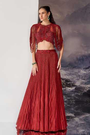 Geisha Designs Scarlett Beaded Lehenga Set With Capelet