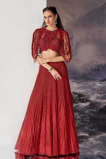 Geisha Designs Red Viscose, Nylon High , Open Scarlett Beaded Lehenga Set With Capelet Online at Aza Fashions Geisha Designs_Red Viscose, Nylon High , Open Scarlett Beaded Lehenga Set With Capelet _Online_at_Aza_Fashions