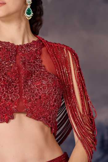 Shop Geisha Designs Red Viscose, Nylon High , Open Scarlett Beaded Lehenga Set With Capelet Online at Aza Fashions Shop_Geisha Designs_Red Viscose, Nylon High , Open Scarlett Beaded Lehenga Set With Capelet _Online_at_Aza_Fashions