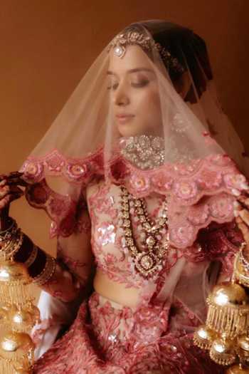 Geisha Designs_Pink Viscose, Nylon Round Neck Veil Of Blooming Dreams Lehenga Set _Online_at_Aza_Fashions