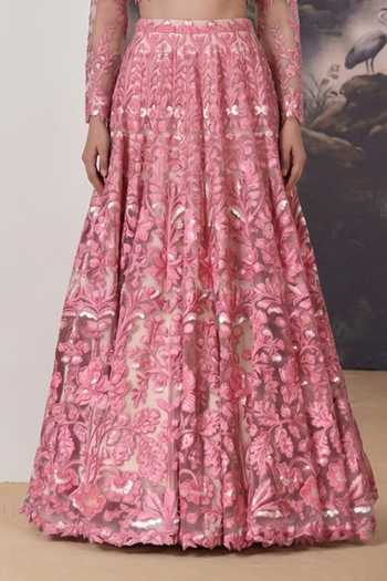 Buy_Geisha Designs_Pink Viscose, Nylon Round Neck Veil Of Blooming Dreams Lehenga Set _Online_at_Aza_Fashions