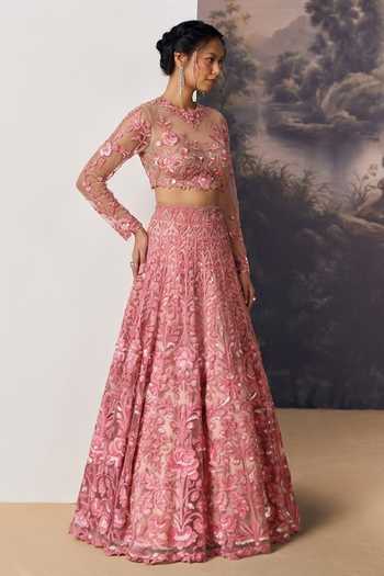 Shop_Geisha Designs_Pink Viscose, Nylon Round Neck Veil Of Blooming Dreams Lehenga Set _Online_at_Aza_Fashions