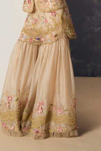 Geisha Designs_Gold Viscose, Polyester, Nylon V-neck Seona Embroidered Waistcoat And Sharara Set _Online_at_Aza_Fashions