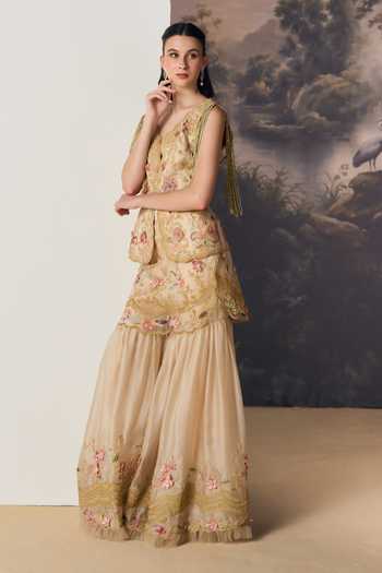 Buy_Geisha Designs_Gold Viscose, Polyester, Nylon V-neck Seona Embroidered Waistcoat And Sharara Set _Online_at_Aza_Fashions