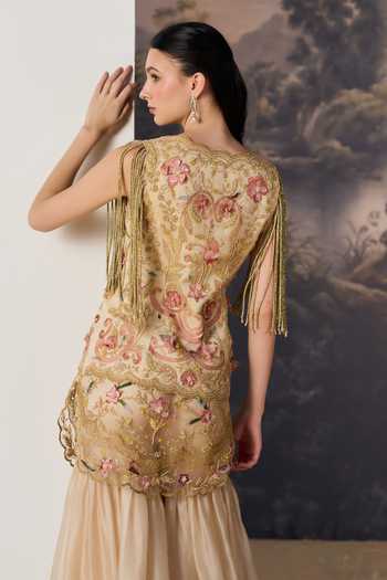 Shop_Geisha Designs_Gold Viscose, Polyester, Nylon V-neck Seona Embroidered Waistcoat And Sharara Set _Online_at_Aza_Fashions