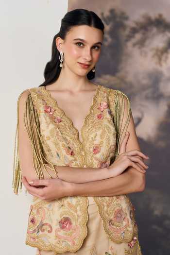 Geisha Designs_Gold Viscose, Polyester, Nylon V-neck Seona Embroidered Waistcoat And Sharara Set _at_Aza_Fashions