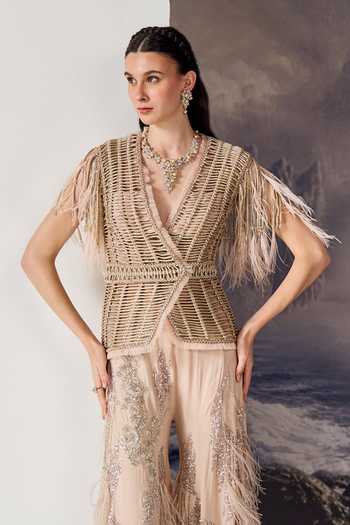 Buy Geisha Designs Pink Silk, Viscose, Nylon Plunge Cassiopeia Crossover Waistcoat And Sharara Set Online at Aza Fashions Buy_Geisha Designs_Pink Silk, Viscose, Nylon Plunge Cassiopeia Crossover Waistcoat And Sharara Set _Online_at_Aza_Fashions