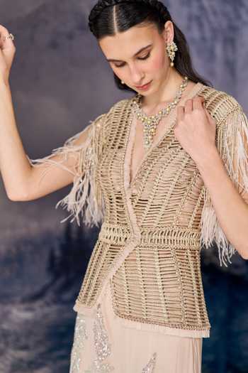 Shop Geisha Designs Pink Silk, Viscose, Nylon Plunge Cassiopeia Crossover Waistcoat And Sharara Set Online at Aza Fashions Shop_Geisha Designs_Pink Silk, Viscose, Nylon Plunge Cassiopeia Crossover Waistcoat And Sharara Set _Online_at_Aza_Fashions