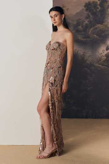 Geisha Designs Pink Nylon Sequins, Beads, Stones, Fringe Elsie Hand Embroidered Slit Gown Online at Aza Fashions Geisha Designs_Pink Nylon Sequins, Beads, Stones, Fringe Elsie Hand Embroidered Slit Gown _Online_at_Aza_Fashions