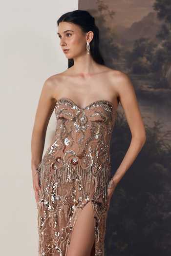 Shop Geisha Designs Pink Nylon Sequins, Beads, Stones, Fringe Elsie Hand Embroidered Slit Gown Online at Aza Fashions Shop_Geisha Designs_Pink Nylon Sequins, Beads, Stones, Fringe Elsie Hand Embroidered Slit Gown _Online_at_Aza_Fashions