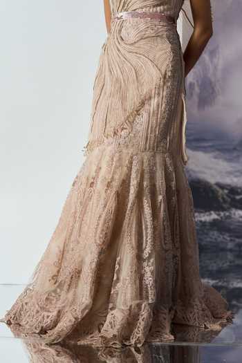 Geisha Designs Pink Viscose, Nylon Sequins, Cut Work, Lace Elysia Swirl Mermaid Gown With Belt Online at Aza Fashions Geisha Designs_Pink Viscose, Nylon Sequins, Cut Work, Lace Elysia Swirl Mermaid Gown With Belt _Online_at_Aza_Fashions
