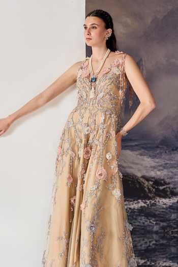 Geisha Designs Beige Viscose, Nylon Beads, Tassels, Applique, Fabric Rosalia 3d Blossom Gown Online at Aza Fashions Geisha Designs_Beige Viscose, Nylon Beads, Tassels, Applique, Fabric Rosalia 3d Blossom Gown _Online_at_Aza_Fashions
